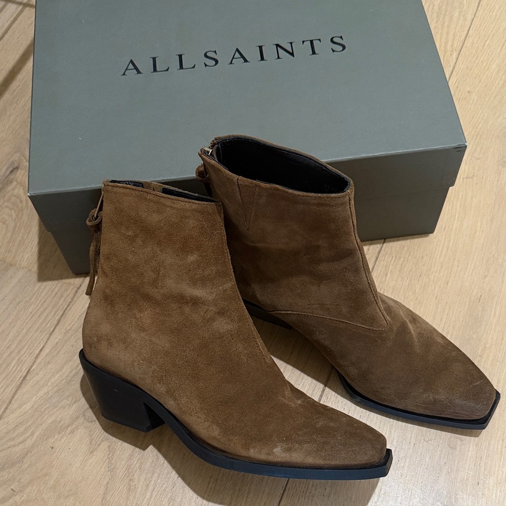 All Saints Dark Tan Suede Ankle Boots (Lenora)